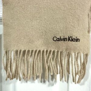 Calvin Klein 100% Cashmere Tan Fringed Scarf with Brown Embroidered Logo